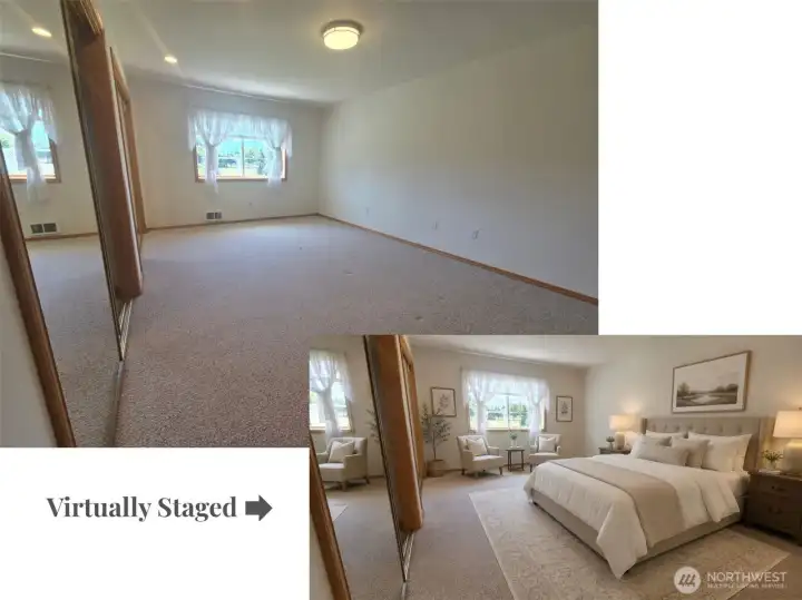Spacious primary suite provides a peaceful retreat with abundant natural light and double closets. Virtually staged to show potential.
