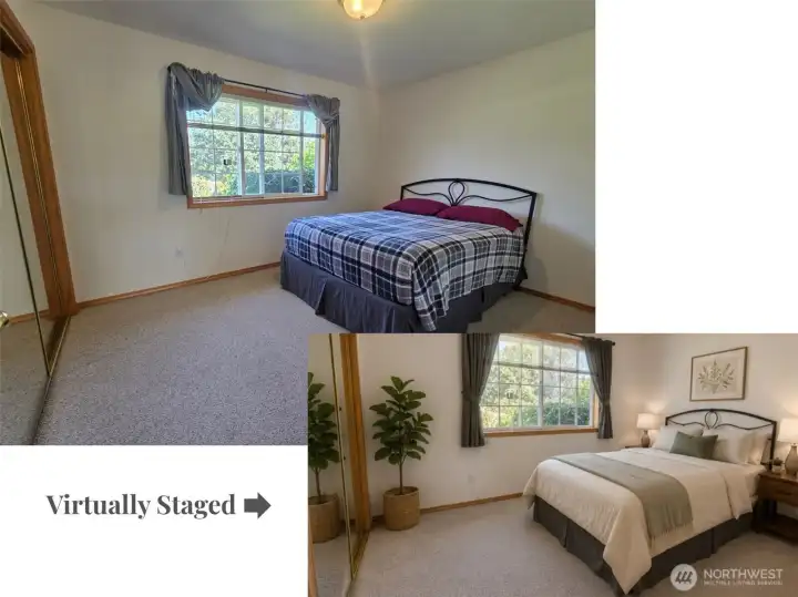 Comfortable second bedroom with large picture window overlooking mature landscaping, abundant natural light, and spacious closet storage. Virtually staged below.