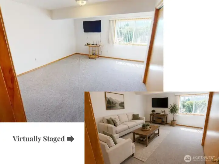 Extra-large third bedroom offers exceptional flexibility as a guest suite, second living area, hobby room, home office, or media space. Virtually staged picture attached.