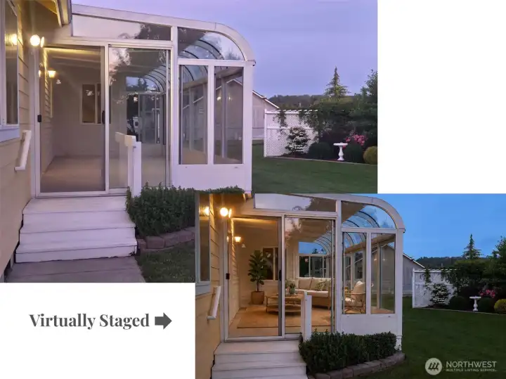 Elegant all-season sunroom overlooks the beautifully landscaped backyard, creating a tranquil space to relax and enjoy Sequim's sunny climate year-round. Virtually staged to show usage.