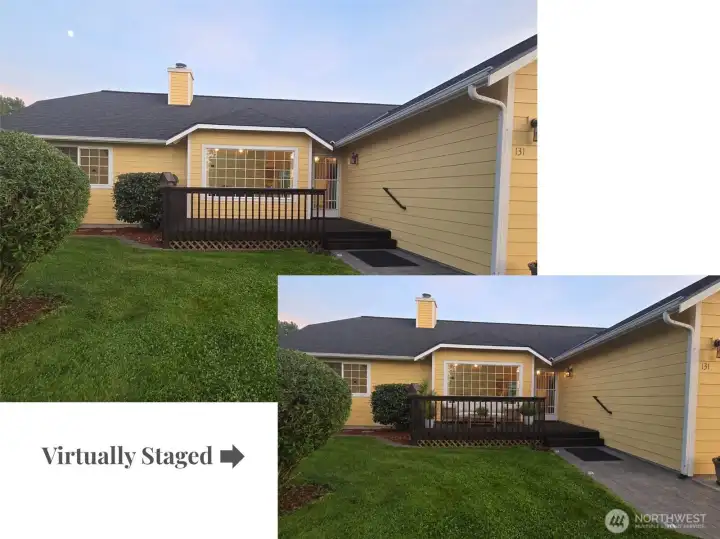 Welcoming front deck and entry create charming curb appeal and the perfect spot to enjoy Sequim's sunny days. Virtually staged to show potential.