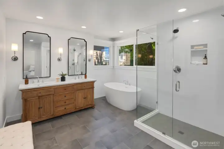 Fully remodeled primary bathroom with Restoration Hardware vanity