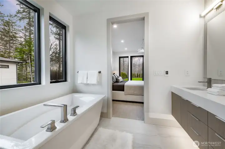 Primary bath, looking back to the bedroom