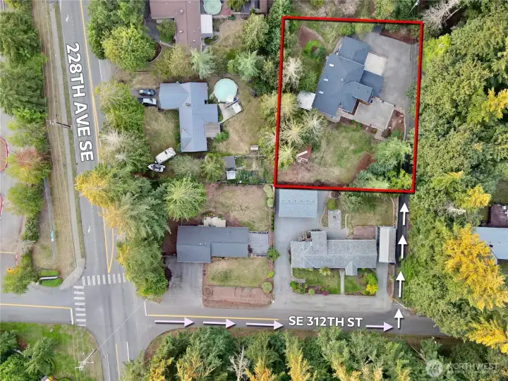 Overhead view with approximate boundaries in red and access highlighted.