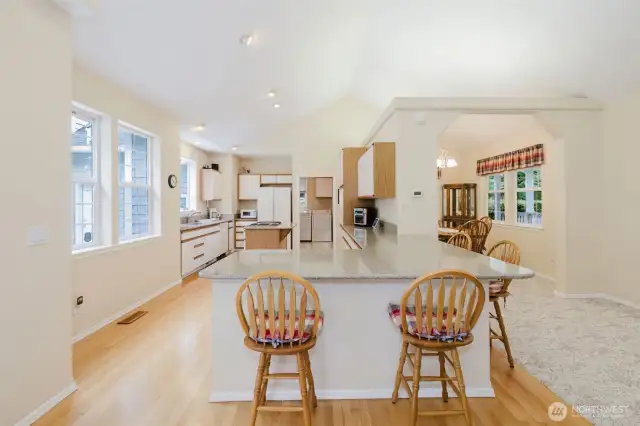 Huge peninsula includes plenty of seating for a casual dining or entertaining opportunity.