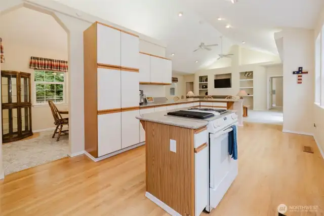 Large and bright kitchen has endless cabinets and countertop space.  A chef's dream come true!
