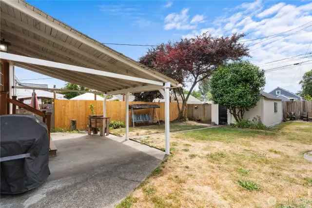 Backyard patio and garage