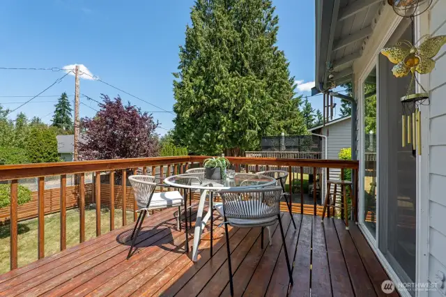 Spacious deck off of the dining room overlooks the huge backyard.