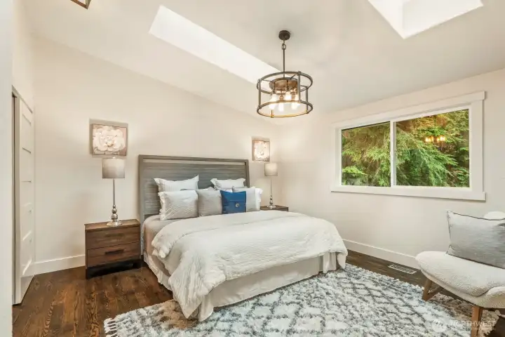 Primary suite with vaulted ceiling, skylights, serene views, and remodeled bath.
