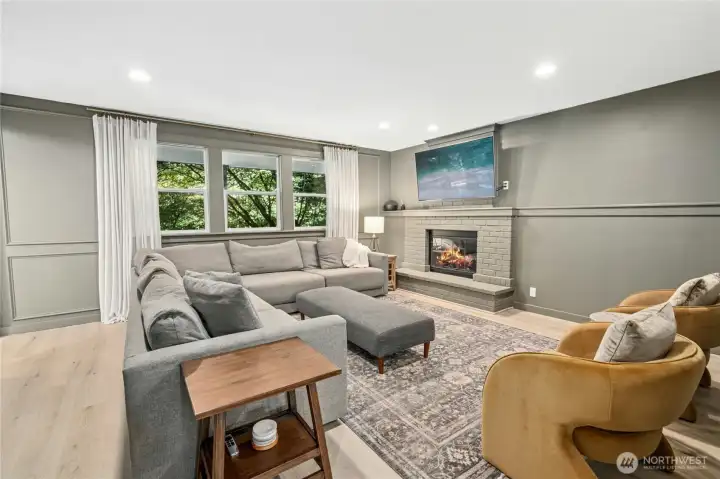 Living room off of the kitchen/dining with gas fireplace
