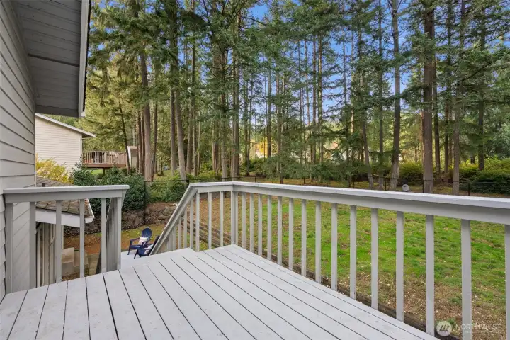 Deck off the primary with a peaceful wooded view.