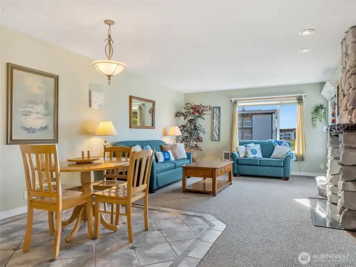 Dining area and living room.