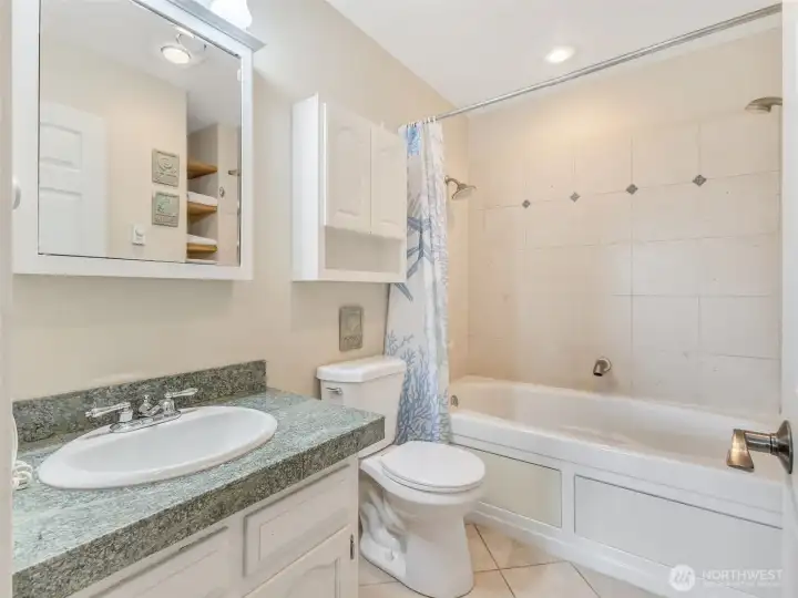 Bathroom (unit 420) with large Jacuzzi tub and double showerheads.