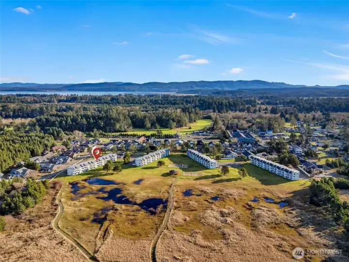 Aerial view of The Breakers. Units 419 and 420 are located in building "D" on the left. Trails lead to the beach; community features in the center include a gazebo with BBQ area, a beach volleyball court, and a playground.