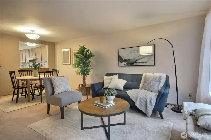 The floorplan is flexible, with living and dining rooms next to each other.