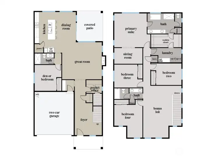 Floor Plan | Robinson  The Robinson plan offers a thoughtfully designed two-story layout with integrated main-level living and flexible upper-level spaces. The open concept kitchen, dining, and great room connect seamlessly to the covered patio, while a main level den or bedroom and signature pocket office enhance everyday functionality.    Upstairs, the primary suite features a connected sitting room and a unique pass-through design providing direct laundry access through the walk-in closet. A bonus loft and three additional bedrooms support adaptable living. Located in Bothell’s Canyon Park area, this contemporary new construction home is served by the Northshore School District.    These photos are from a past Robinson Plan at a different community, so overall plan, colors, building orientation, finishes, home outlook, and other details can and WILL vary. All photos, renderings, site maps, and floorplans are for visualization purposes only.
