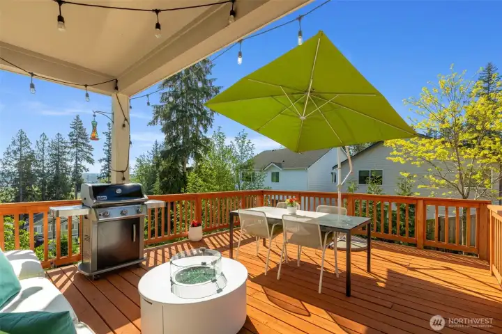 Custom over-sized view deck with room to lounge, BBQ and watch sunsets.  Access to backyard below from the deck as well.