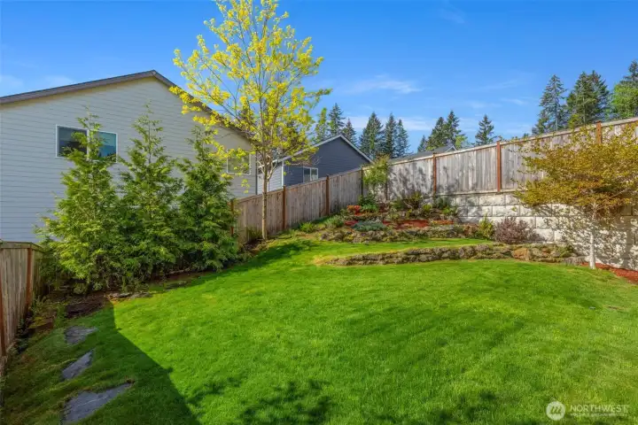 16' privacy trees and a fully fenced over-sized green and grassy back yard. Plenty of space for gardening and play.