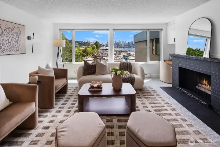 Enjoy the view while you cozy up next to the wood burning fireplace Enjoy the view while you cozy up next to the wood burning fireplace