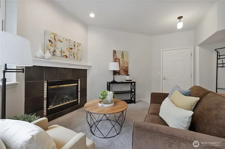Comfortable living room with cozy gas fireplace.