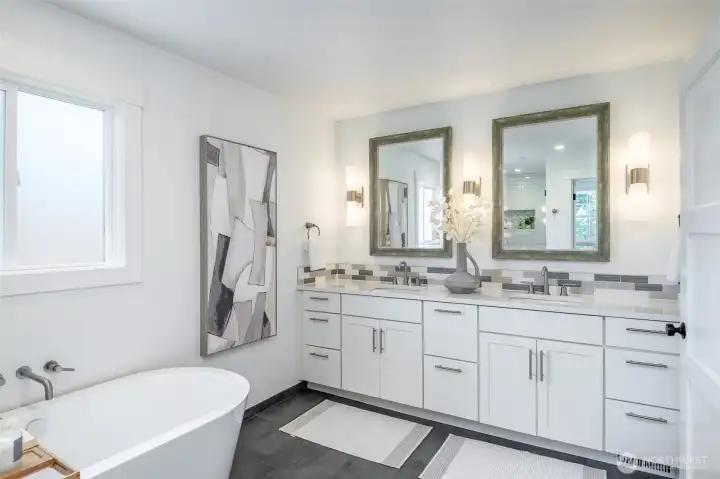 Double vanities add to this splendid bathroom.