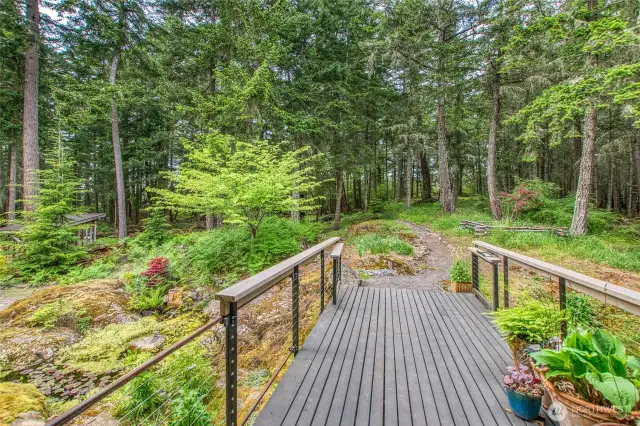 The formal entrance meanders up a natural path, past a water feature, and over a bridge, landing into the center of the architecture.