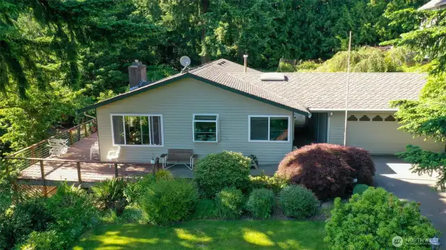Level Front Yard, Rambler and Deck faces View of Lake Sammamish