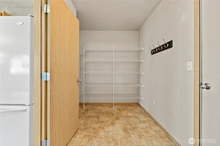 The pantry space is huge and has extra storage under the stairs.