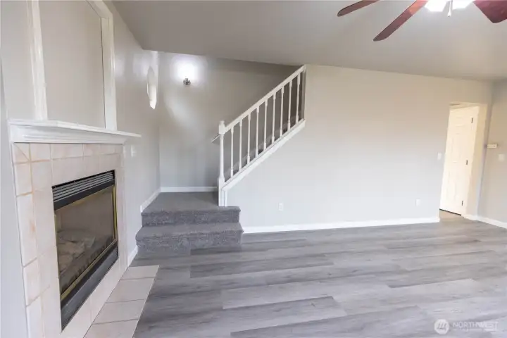 Family room looking at stairway to upper level