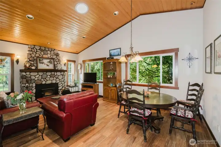 Living Room with vaulted white pine ceilings