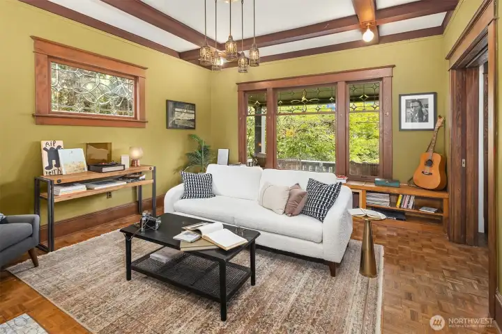 Another view of this intimate seating area. Or perhaps you will want to use it as a dining room once again...
