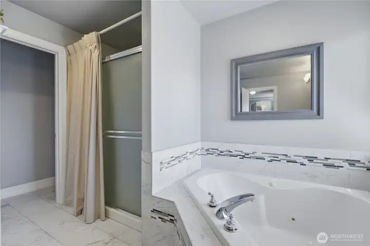 Jetted tub and walk-in shower.