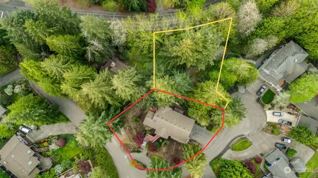 Home lot in red and vacant land in yellow. Buyer gets first right o bundle purchase.
