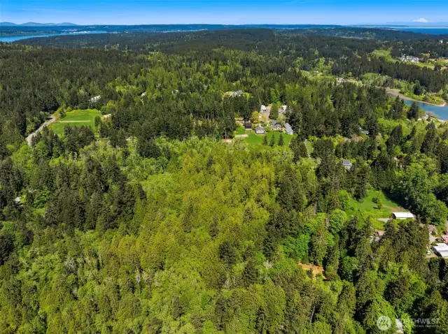 View from above looking northwest with the Olympic Mountains (on the left) and Mt. Baker (on the right) in the distance.