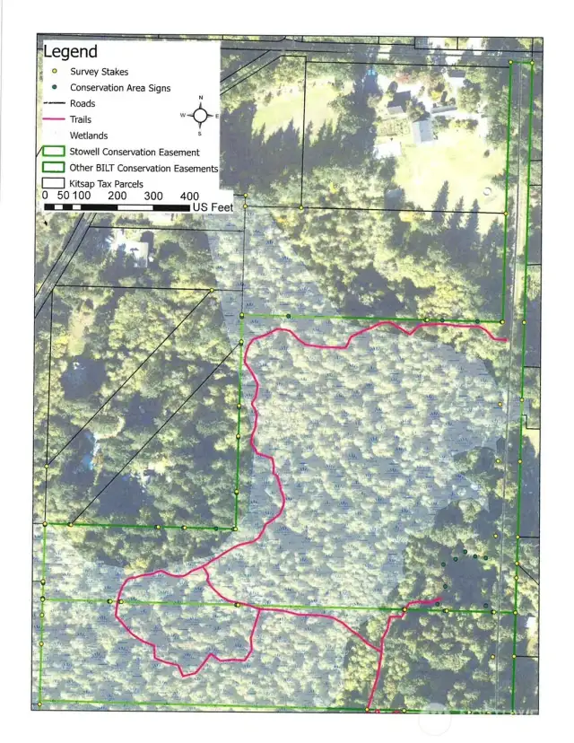 Aerial map showing the trail system through subject property.