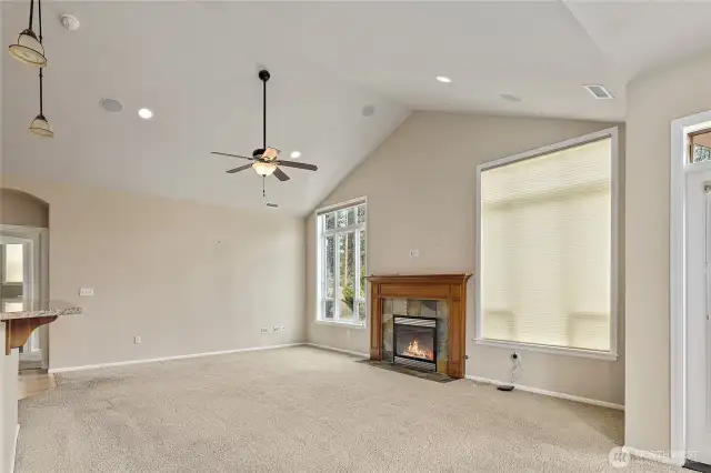 Spacious living room with vaulted ceiling.