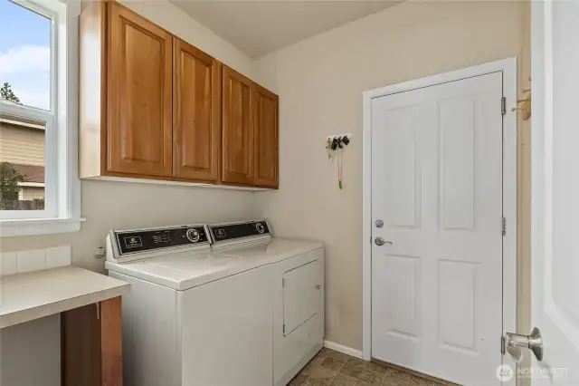 Laundry room is located between the kitchen and the garage.