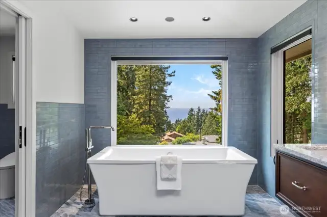 Spa-inspired primary ensuite showcases water views, skylights and designer finishes