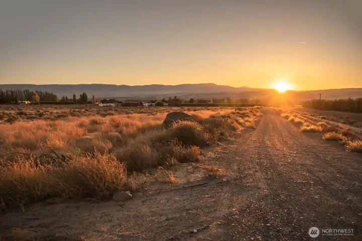 Beautiful sunset view of the 11 acres looking North towards the Cherry Orchard.