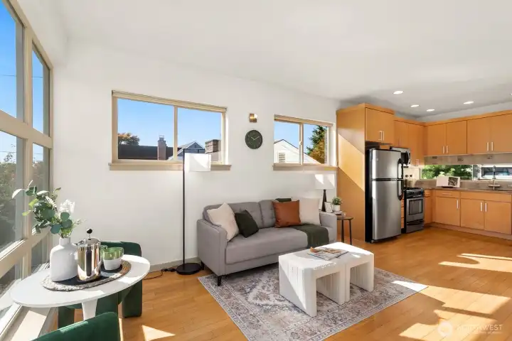 Living room flows into the kitchen.