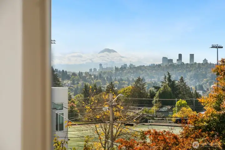 Views of Mt. Rainier and Downtown from the top floor.