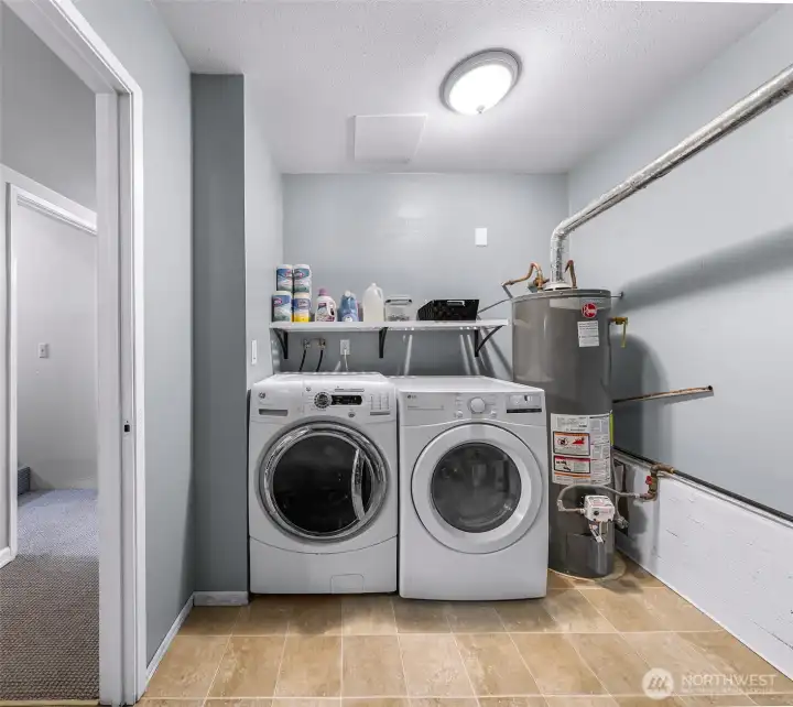 Lower level utility room with hot water heater and additional storage on opposite wall