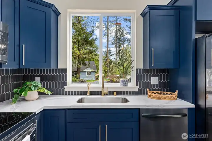 Kitchen sink and window.