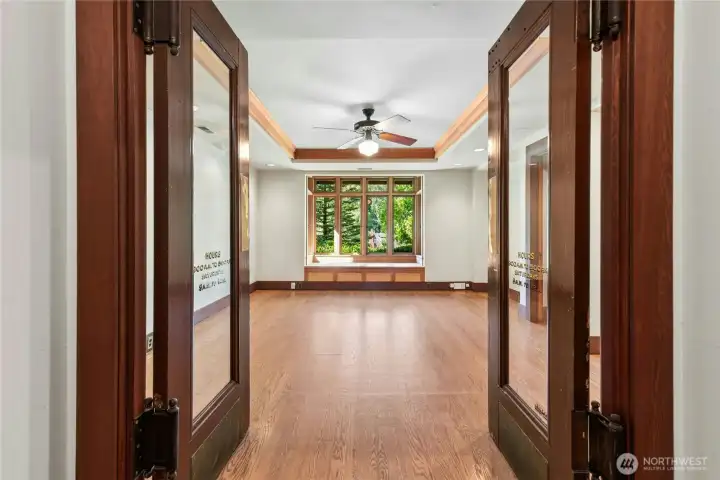 Entry to the lower den/office/game room.  Featuring reclaimed doors!