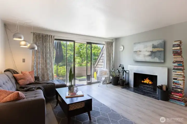 Light living room with fireplace