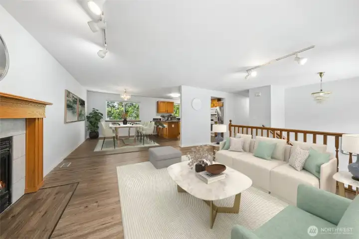 The Family Room is conveniently open to the Eating Area & Kitchen. (Virtually staged).