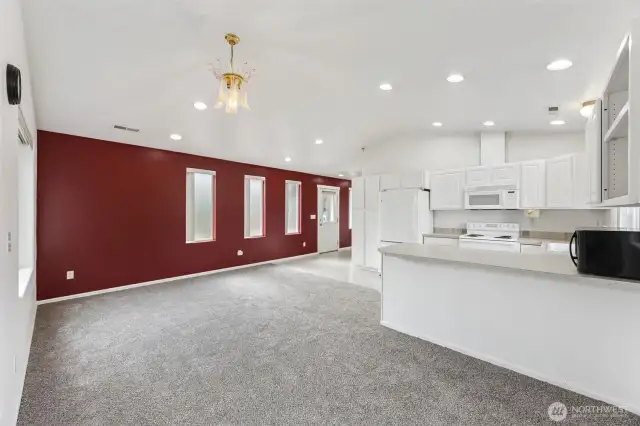 Large living area open to dining and kitchen