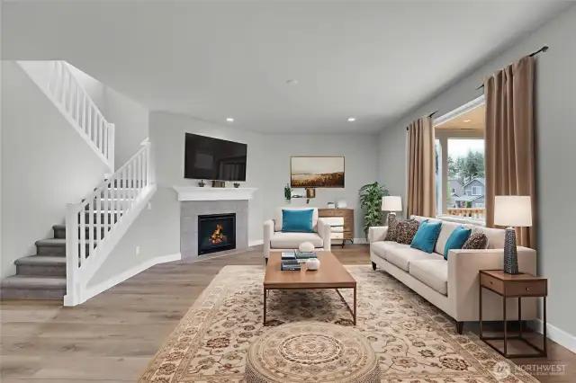 Large Great Room with cozy gas fireplace.