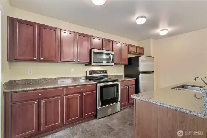 Beautiful quartz countertops in kitchen.