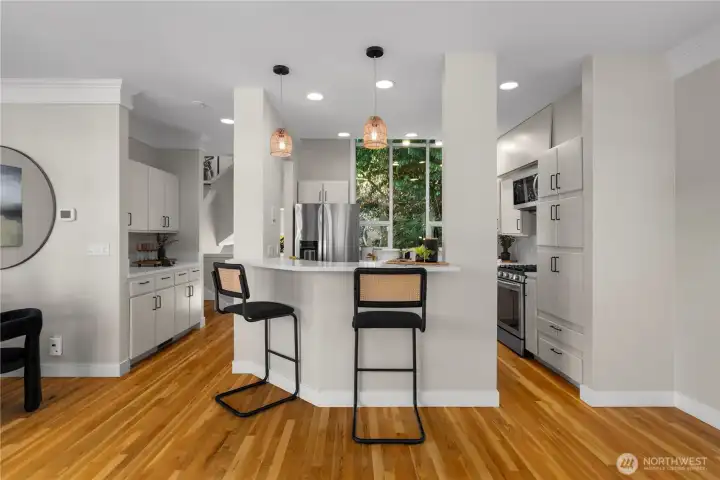 Spacious kitchen with a large windows.